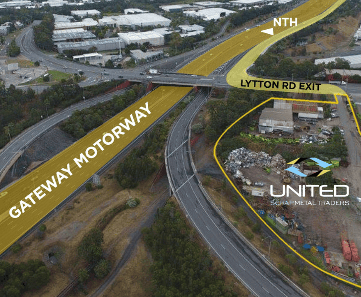 Aerial view of United Scrap Metal Traders location near Gateway Motorway and Lytton Rd Exit.