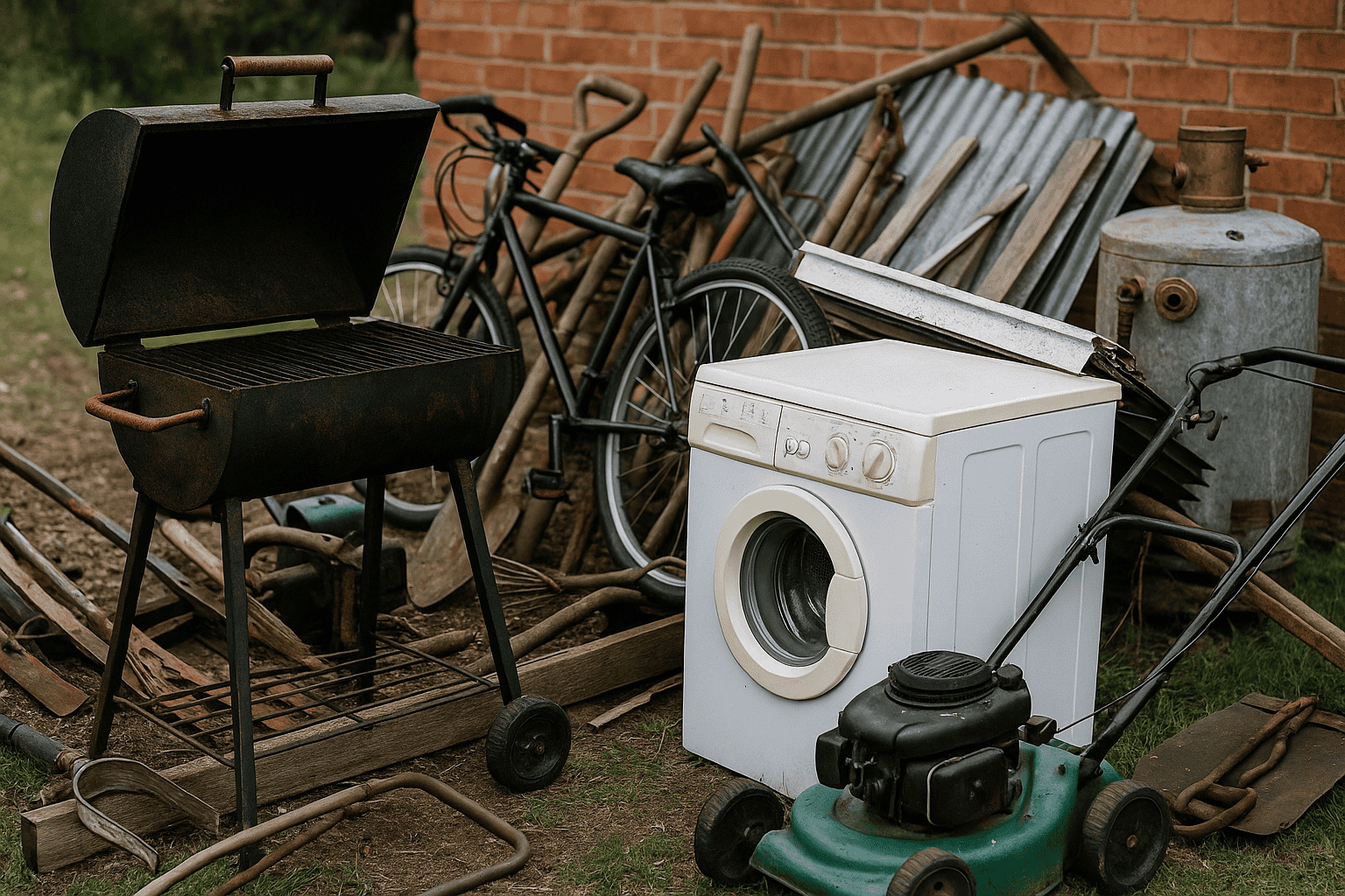 Scrap metal and recycling tools at United Metals Traders yard.