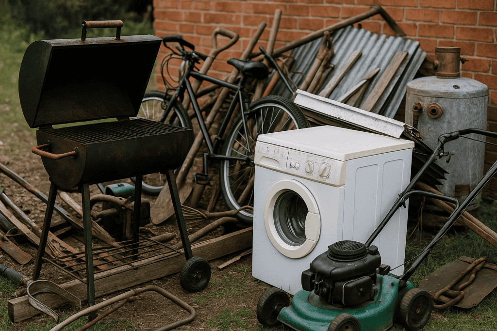 Assorted scrap metal, appliances, and tools for recycling in Brisbane.